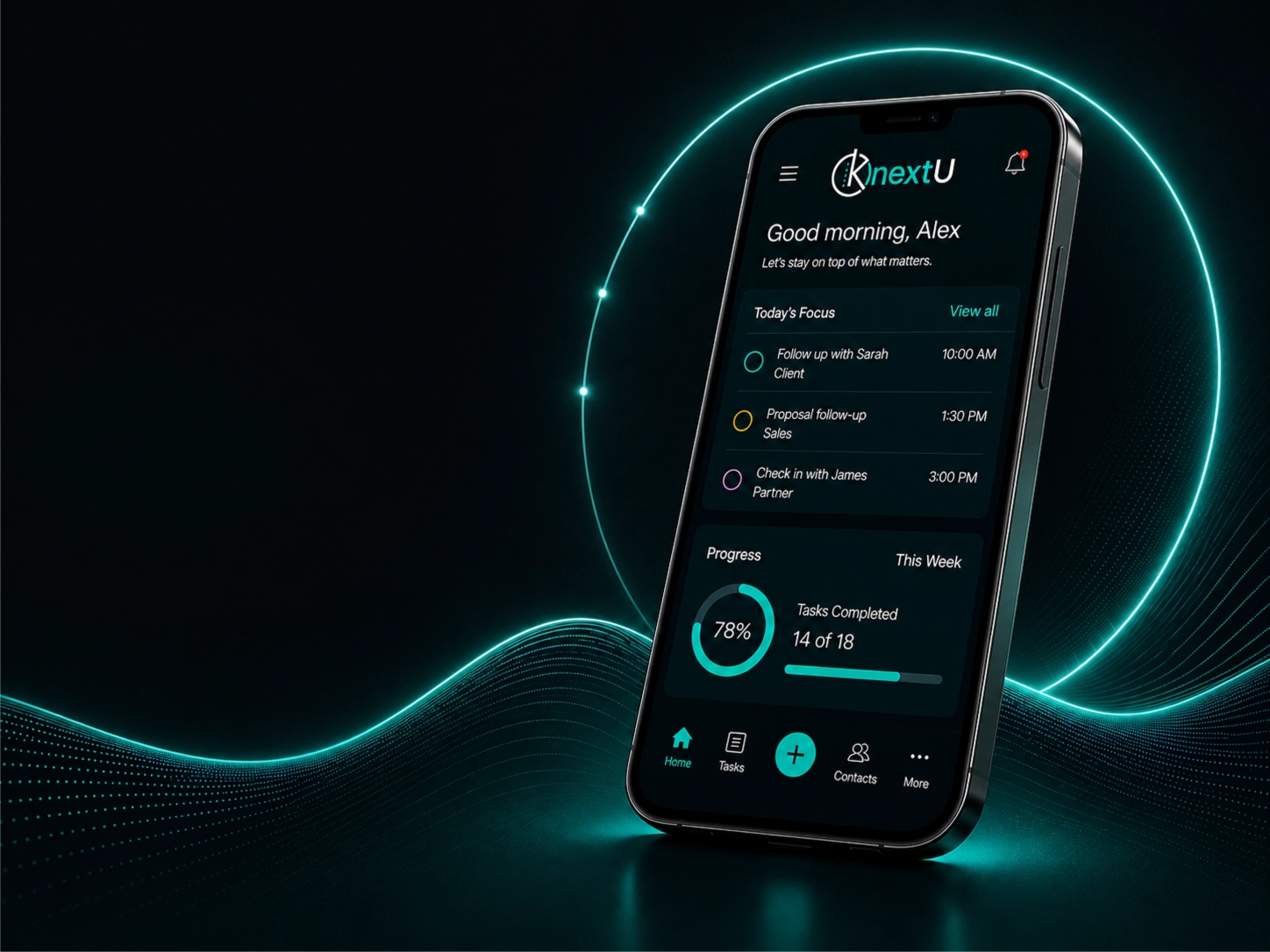 KnextU app interface showing commitments, follow-through, and relationship continuity